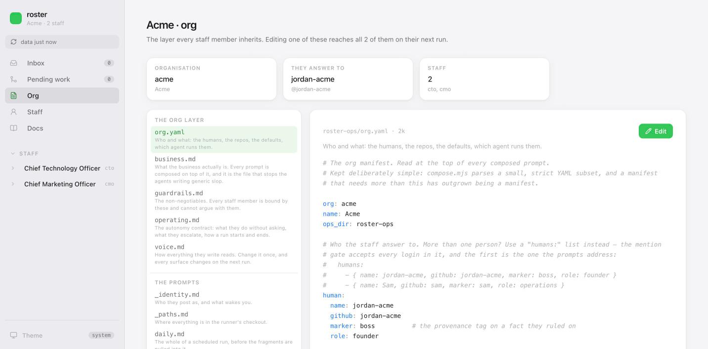 The Org screen, with org.yaml and every layer every staff member inherits
