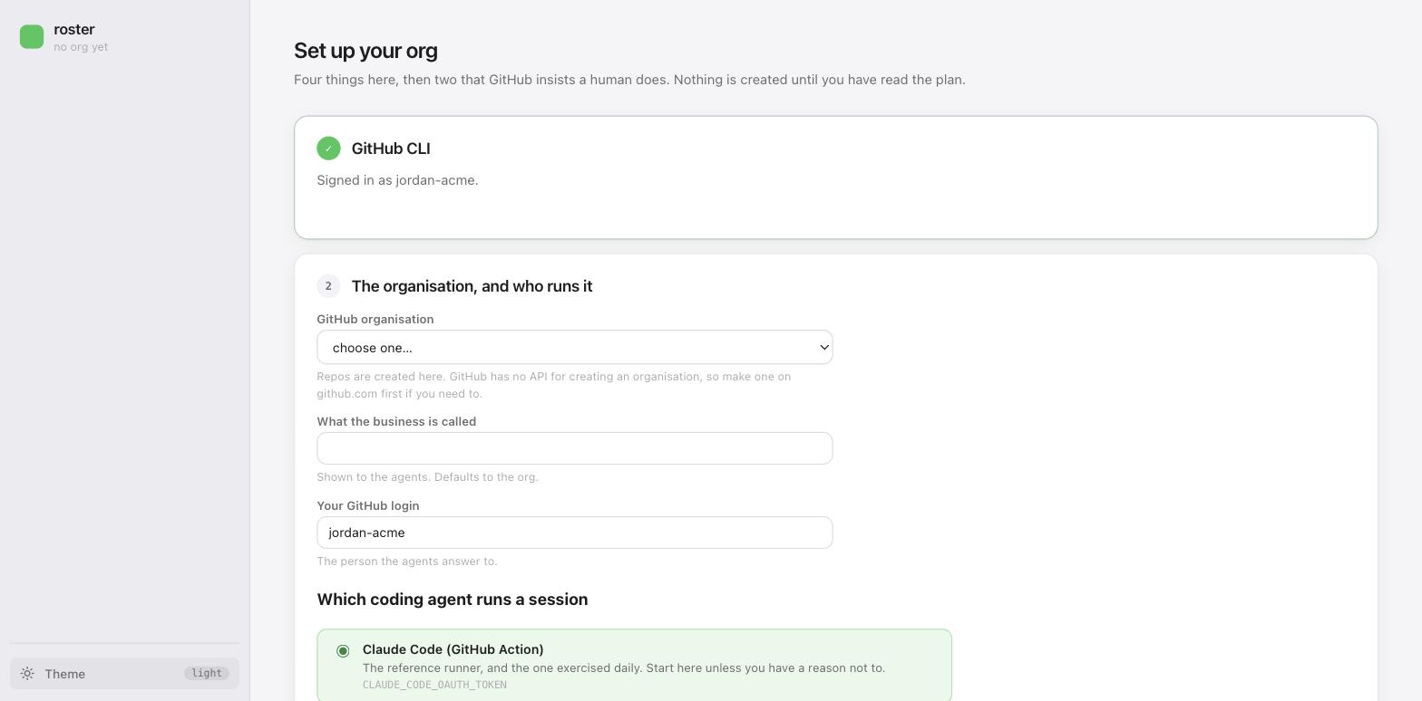 The setup screen, asking which organisation and who runs it