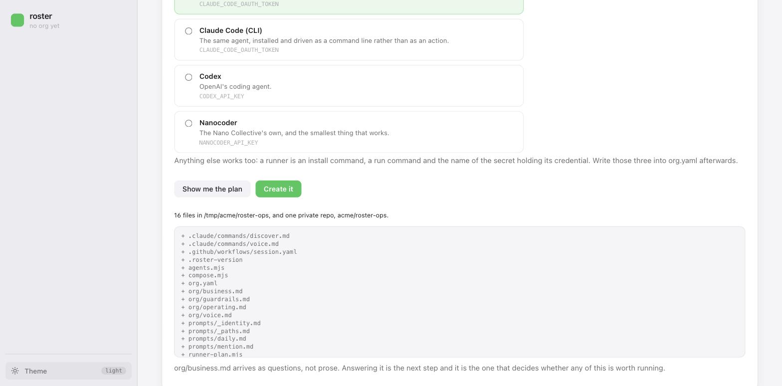 The plan: sixteen files and one private repo, listed before anything is written