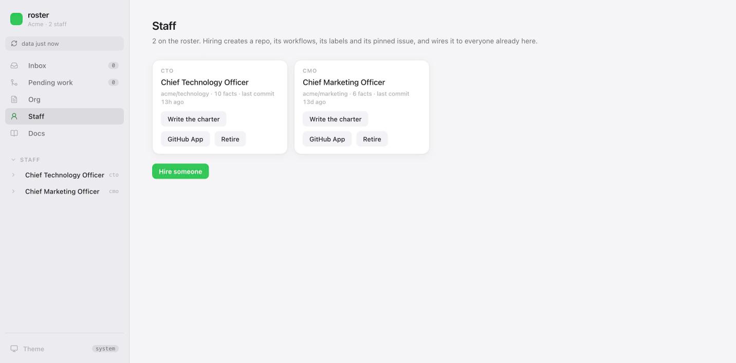 The Staff screen, with a card per staff member and Hire someone underneath